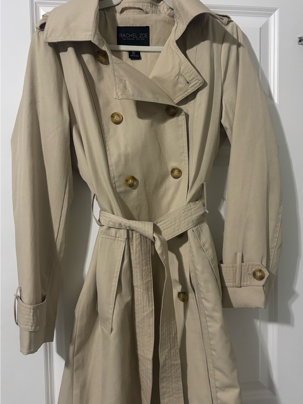 Rachel Zoe Double-Breasted Beige Trench Coat with Tie Waist